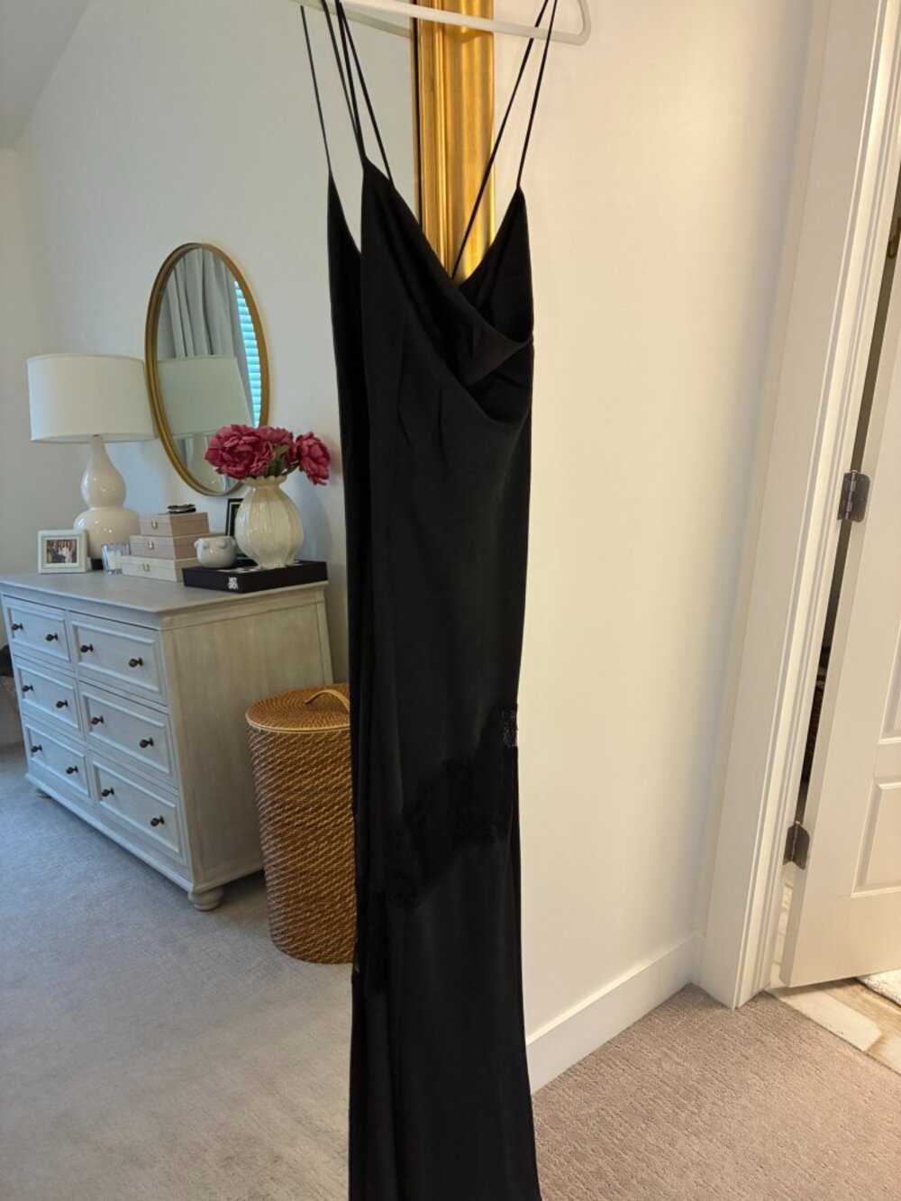 MESHKI Chandra Lace Detail Satin Maxi Dress Black M NWT
